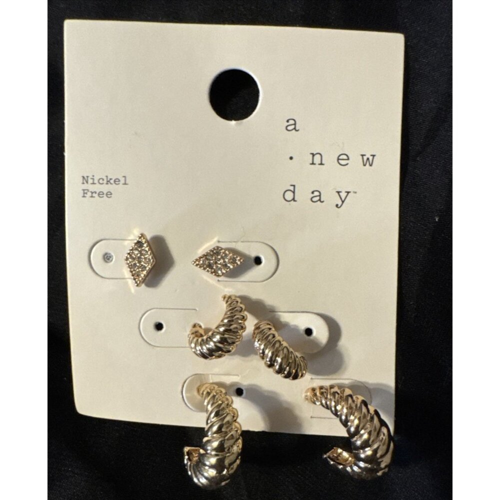 A New Day Nickel Free Gold Color Trio Hoop Huggie Earrings Crawler CZ NEW - Picture 3 of 6